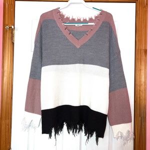 GeeGee Colorblock V-Neck Distressed Frayed Hem Rib Knit Sweater